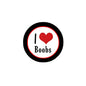 2.25-inch round pinback button with black border, red heart, and 'I Boobs' text