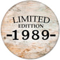 2.25-inch pinback button, beige wood texture, 'LIMITED EDITION -1989-'