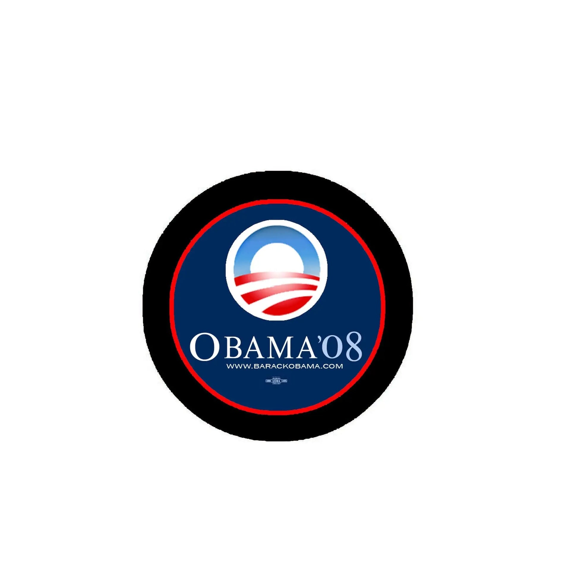 Round Obama'08 pinback button with blue center, red border, and Barack Obama logo