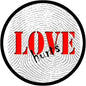 Round pinback badge with black rim, red “LOVE” on grey swirl background