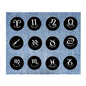 Set of zodiac symbol pinback buttons, black round designs with white astrological icons