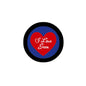 2.25-inch pinback button: black rim, blue center, red heart with white 'I Love Sean'.
