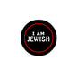 Jewish pride pinback button with black face and red border, text "I AM JEWISH"