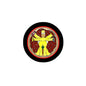 Cartoon pinback button with yellow figure, red patterned background, black rim