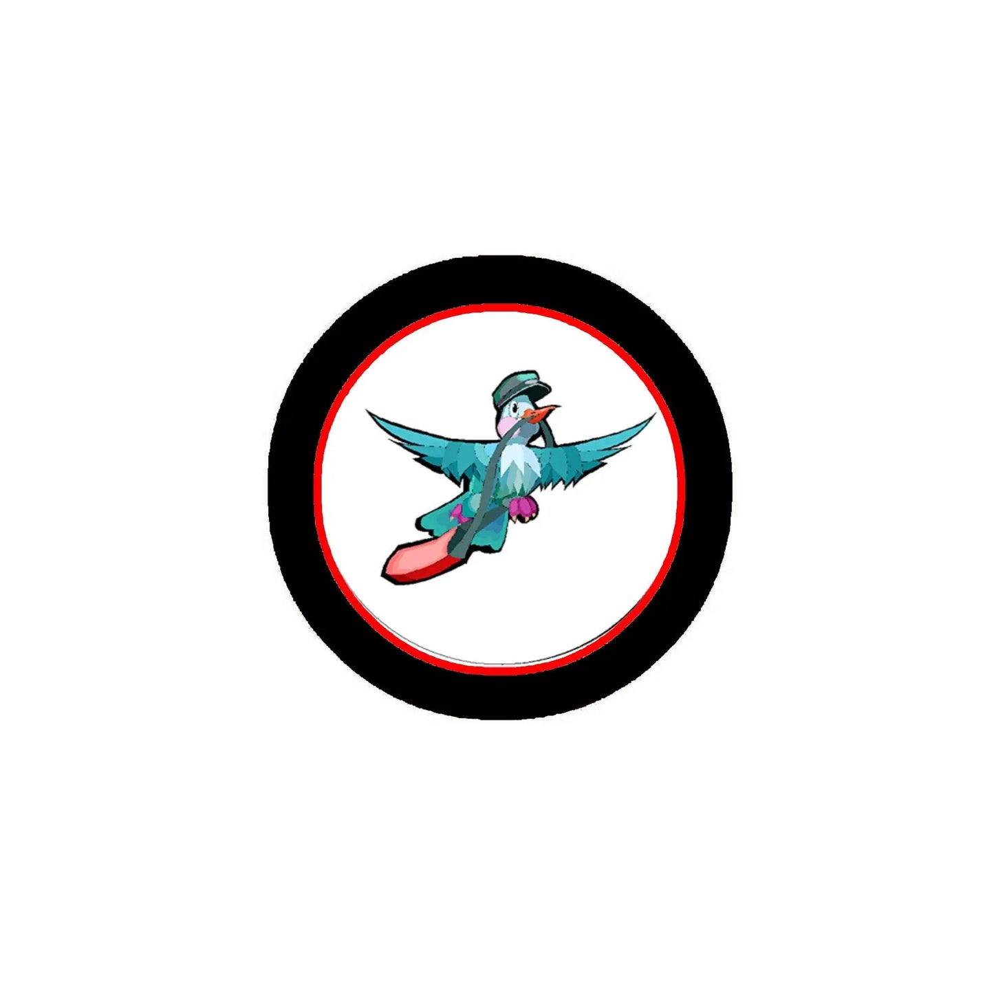 Circular pinback badge with teal bird illustration and red ring border