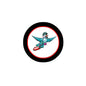 Circular pinback badge with teal bird illustration and red ring border