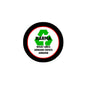 Round black pinback button with white face, red ring, green KARMA text and phrase