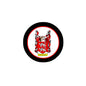 Round black-edged pinback badge with red crest animal and “STRANGE” text
