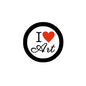 Round pinback badge with black border, white center, “I Love Art” text and red heart