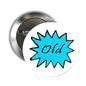 Round metal pinback badge with blue starburst and cursive 'Old' text