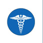 Blue circular medical symbol badge reel with white caduceus emblem