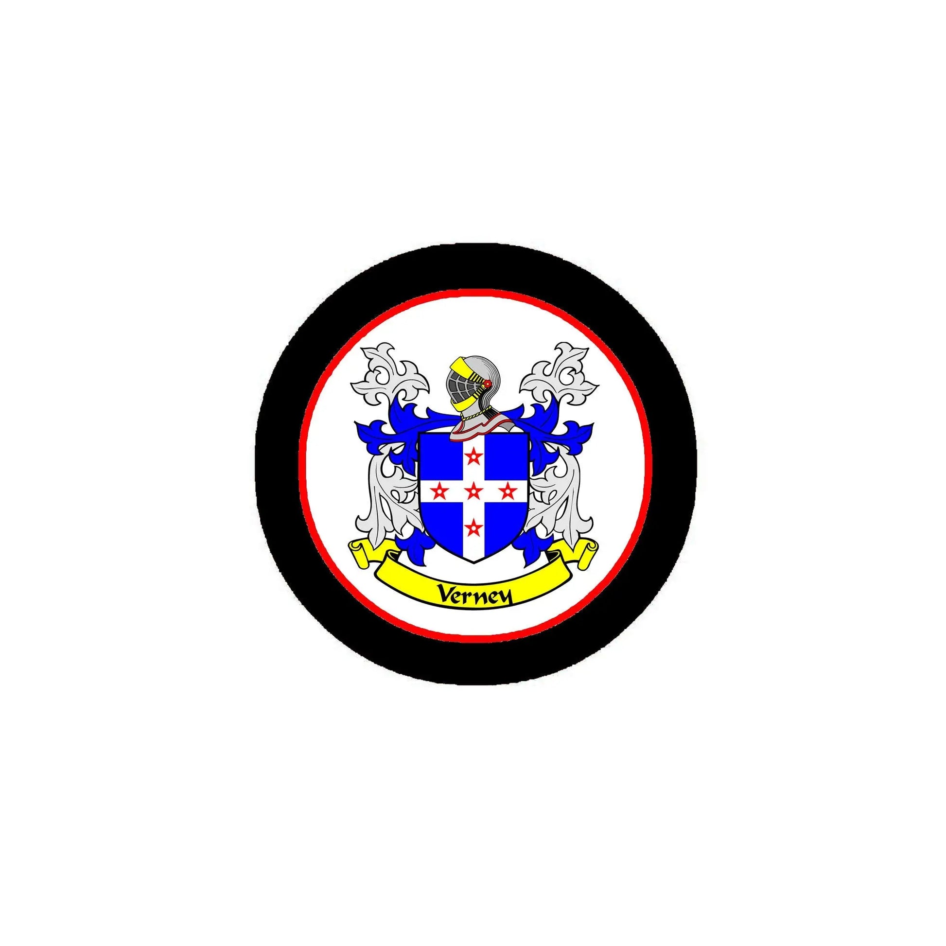 Round family crest pinback badge with blue shield and red banner, black border