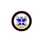 Round family crest pinback badge with blue shield and red banner, black border
