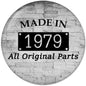 Round pinback button with gray brick design, "MADE IN 1979" and "All Original Parts" text