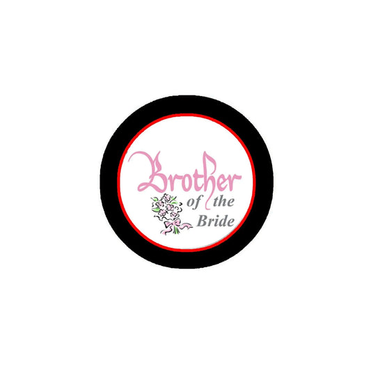2.25-inch Brother of the Bride pinback button, black border, white center with text