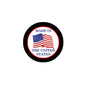 2.25-inch round pinback with black border, US flag and text 'MADE IN THE UNITED STATES'