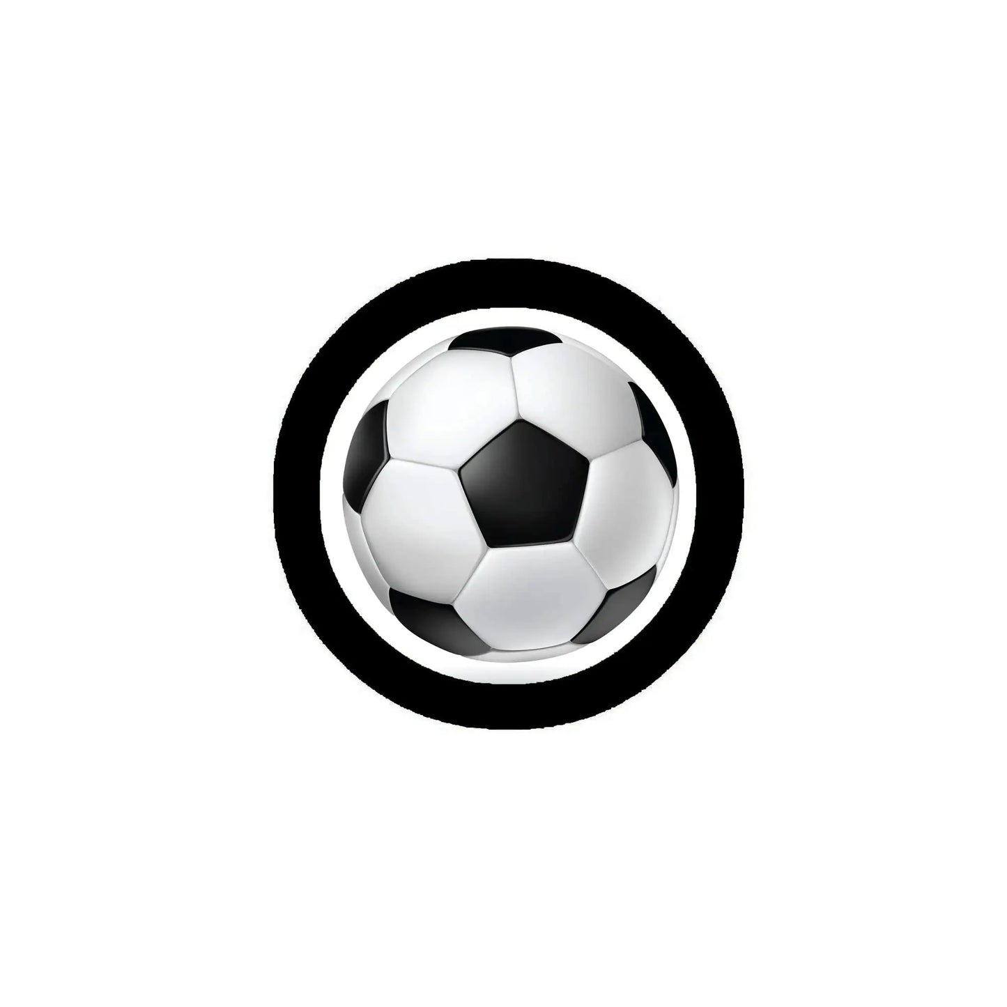 Soccer ball pinback button with black outer ring and white inner circle