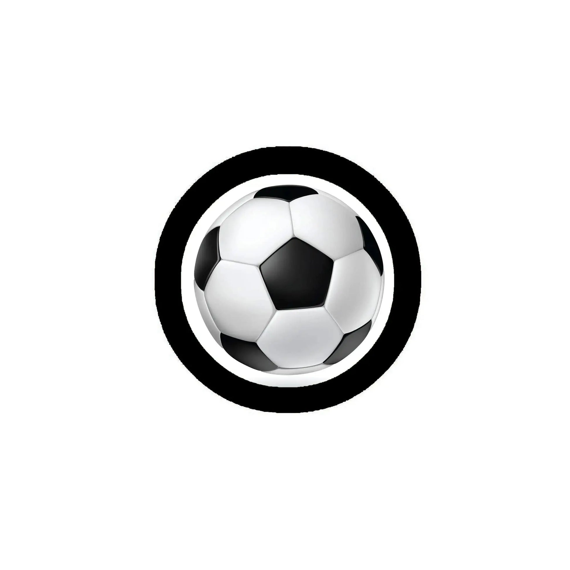Soccer ball pinback button with black outer ring and white inner circle