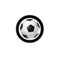 Soccer ball pinback button with black outer ring and white inner circle