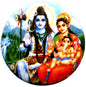 Circular pinback button featuring blue Shiva holding a trident with Uma and Ganesha.