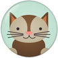 Round 58mm cat face pinback button, brown and cream, pink nose and whiskers