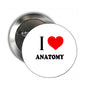 Round anatomy button pinback brooch with black text and red heart
