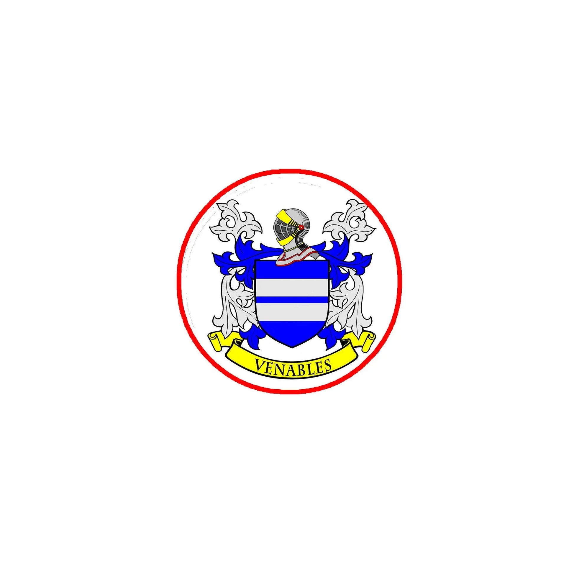 Round Venables coat of arms pin badge with red border and blue shield detail
