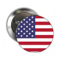 Round USA flag pinback with metal back and safety pin, red white and blue