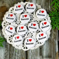 Round I love Soccer pinback buttons, white with red heart and black text, set of multiple