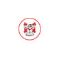 Round coat of arms pin with red border and shield crest on white background