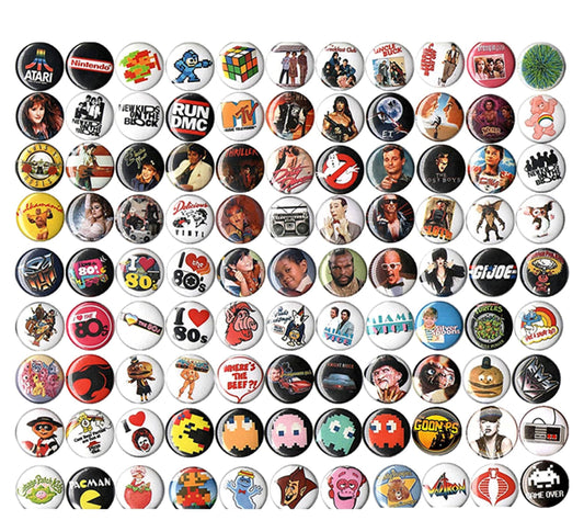 100 Pcs 1980s Theme Party Favor Pinback Buttons Retro Pinback Brooch for Jackets, Backpacks, Hats 1.25"