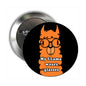 Llama wearing glasses pinback button, circular orange and black design