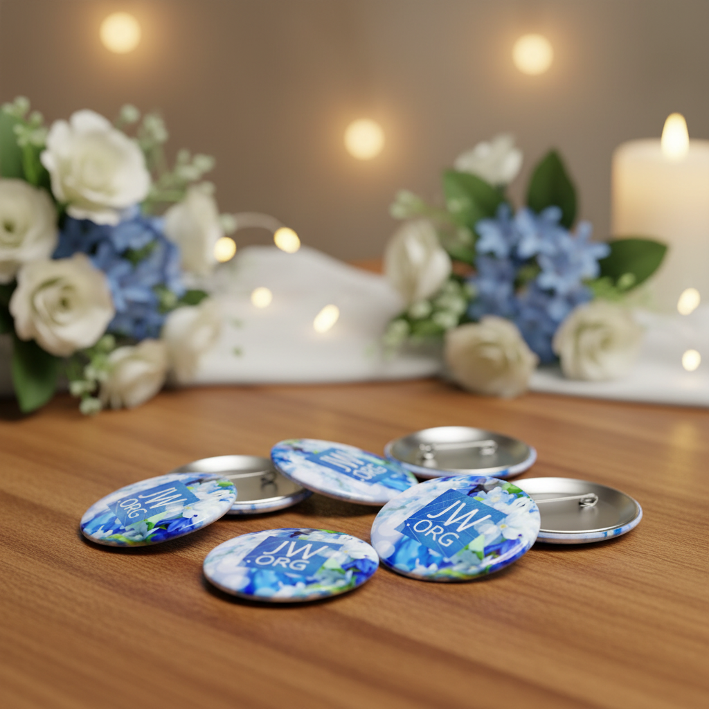 Set of round blue floral pinback buttons with JW.org logo on wood surface.