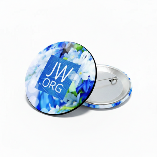Round blue floral pinback button with JW.org logo and silver backing pin.