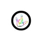 Round black-bordered pinback badge with colorful sign-language hand graphic