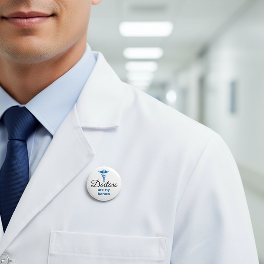 Doctor pinback button on white lab coat, blue caduceus with 'Doctors are my heroes'