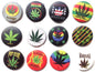 Set of round pinback buttons with colorful cannabis leaf designs and assorted text