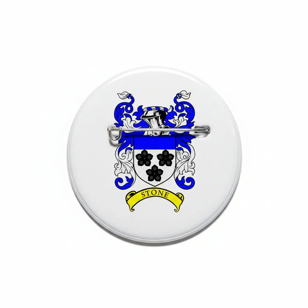 Round coat of arms pinback badge with blue crest and black lion, banner reads STONE