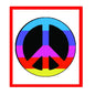 Multicolor peace symbol pinback button with black peace sign on rainbow stripes