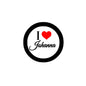 Round black button pin brooch with red heart and 'I Love Johanna' text
