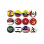 Round country flag lapel pins in a black display case, multi-flag assortment