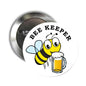Bee keeper pinback button with cartoon bee holding a beer mug and “BEE KEEPER” text