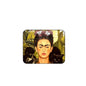 Frida Portrait mouse pad with Frida face, flowers, and two dark cats on rectangle