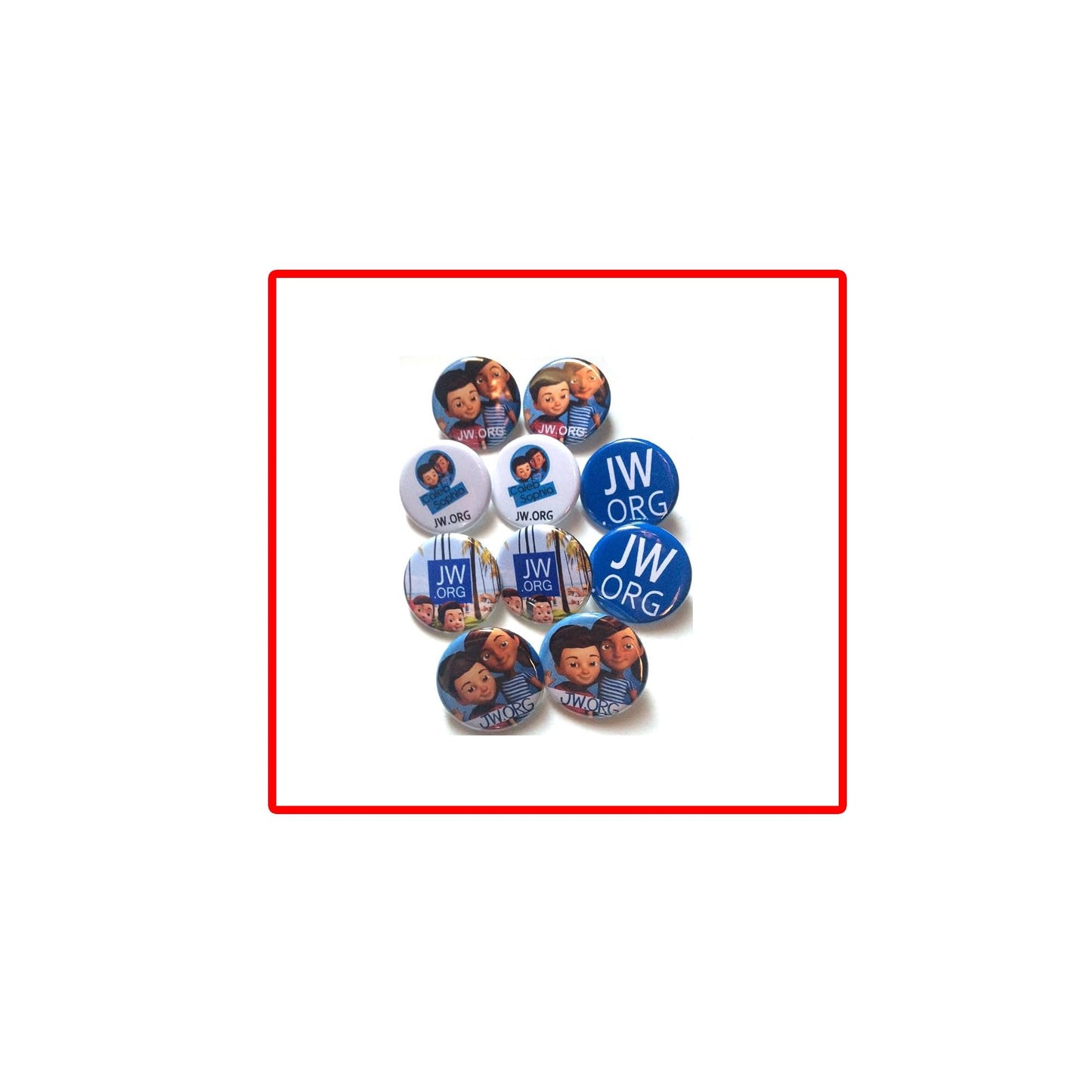 Caleb and Sophia SET OF 10 BUTTONS 2.25" jw.org pins & jehovah witness VARIETY PACK
