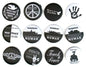 Peace-themed round pin buttons set with slogans, dove, peace sign, and hand icons