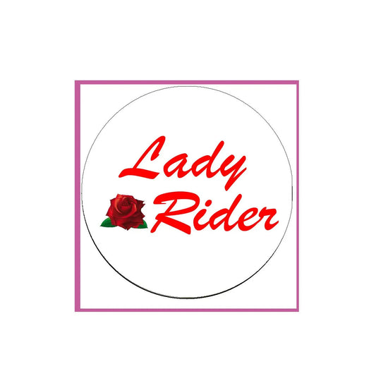 Lady Rider pinback badge with red script text and red rose graphic