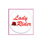 Lady Rider circular pinback badge with red script and red rose detail