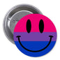 Round pinback button with bisexual flag smiley face design, pink purple blue colors