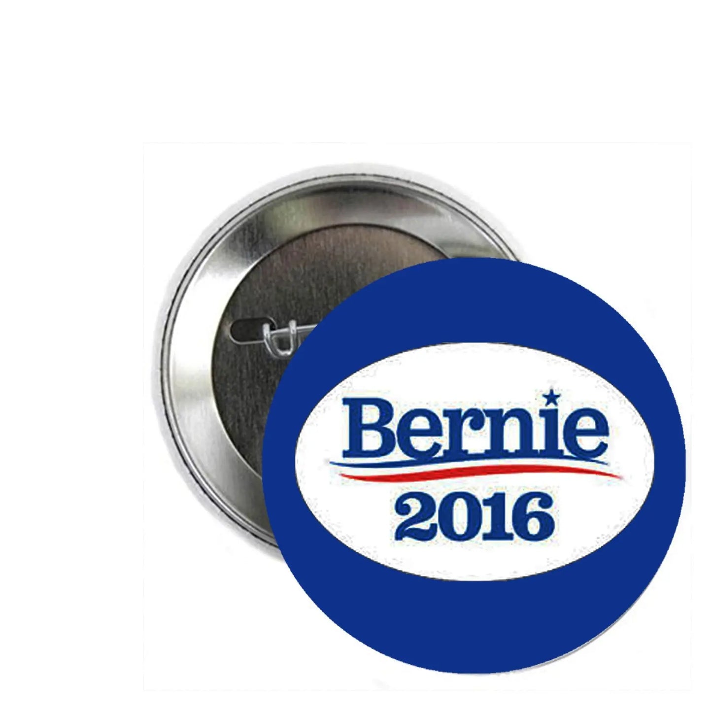 Round silver pinback badge with blue border and “Bernie 2016” text on the front