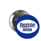 Round silver pinback badge with blue border and “Bernie 2016” text on the front